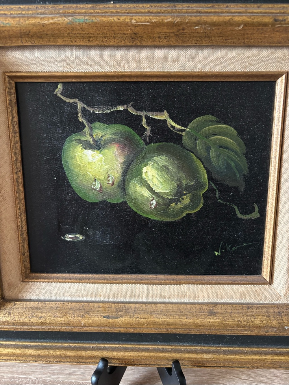 Vintage Signed Original Oil Painting Green Apples Gold Wood Frame - Picture 3 of 6